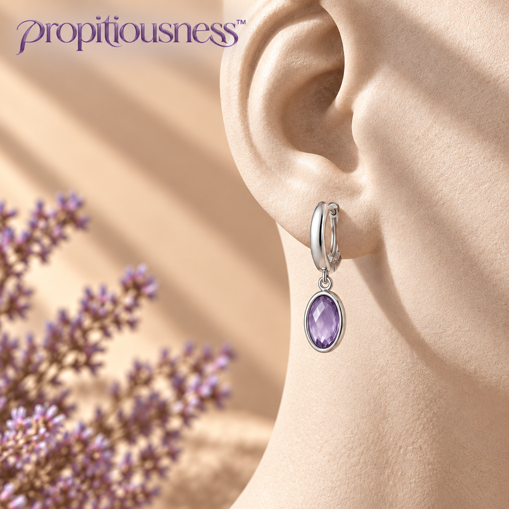 propitiousness™ Slender Huggie Earrings with Suspended Lavender Oval Accent