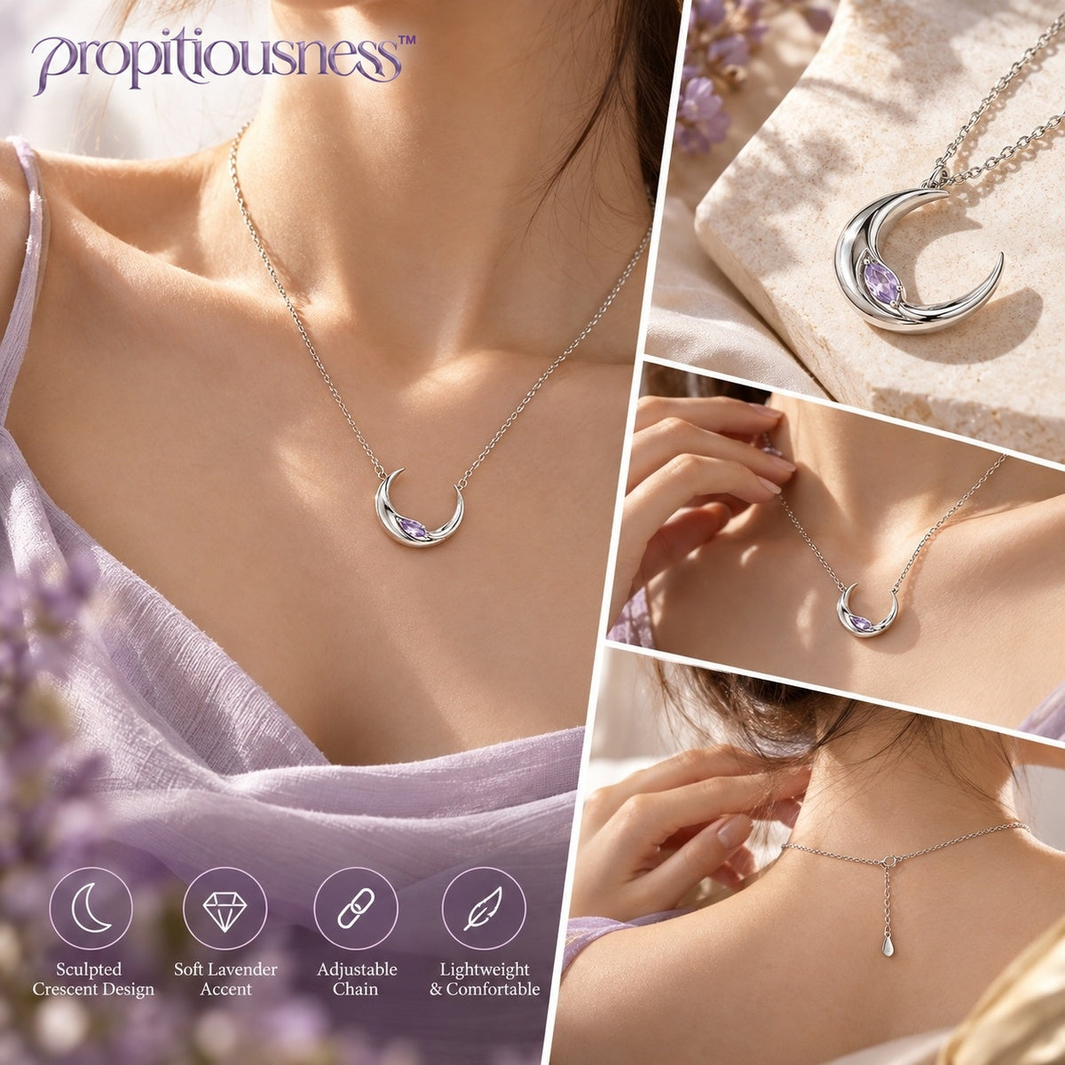 propitiousness™ Sculpted Crescent Pendant Necklace with Soft Lavender Accent