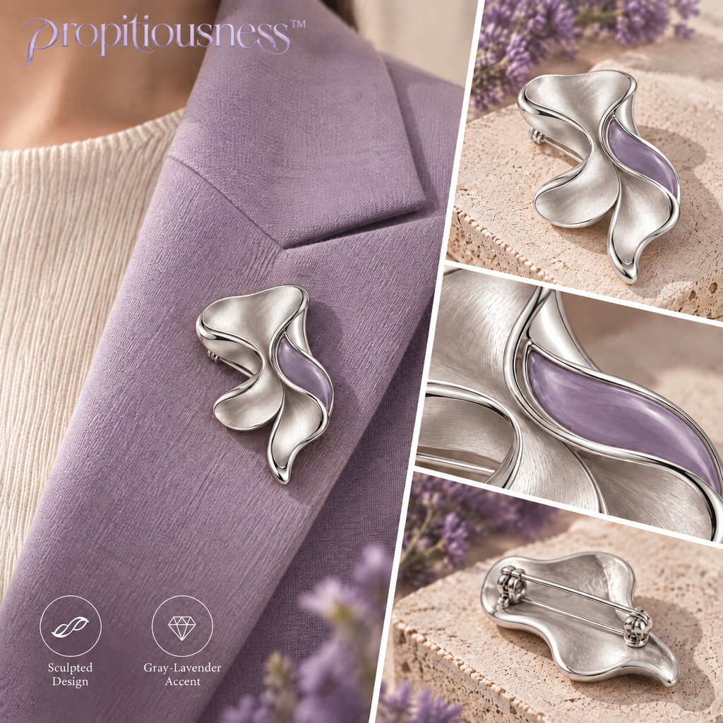 propitiousness™ Sculpted Silver-Tone Brooch with Abstract Lavender Fold Accent