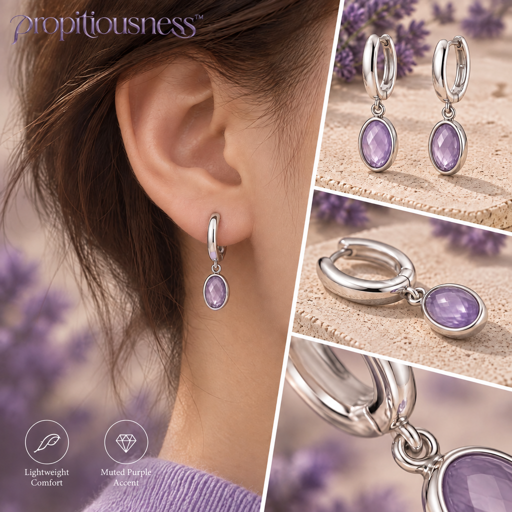 propitiousness™ Slender Huggie Earrings with Suspended Lavender Oval Accent