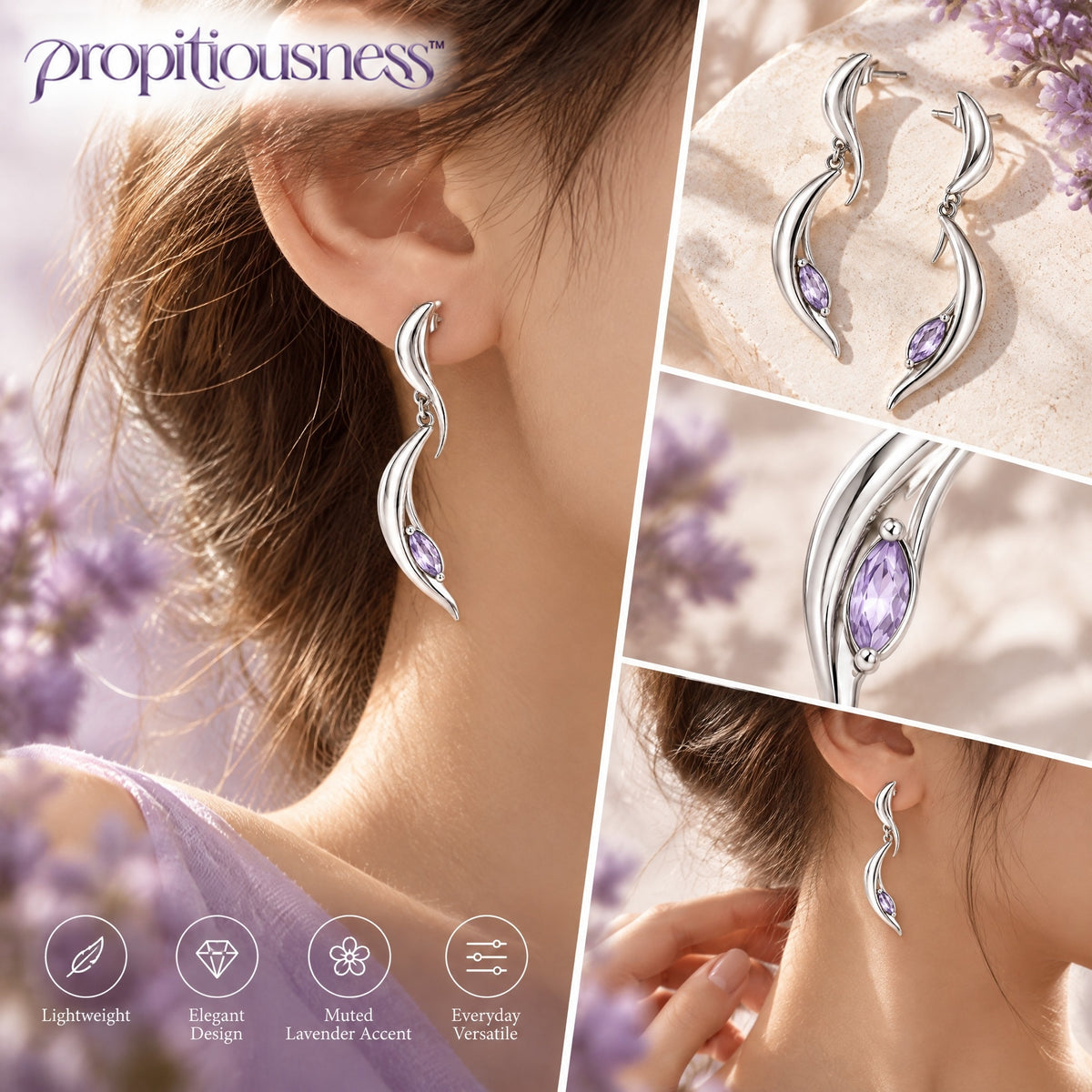 propitiousness™ Double Arc Drop Earrings with Muted Lavender Accent