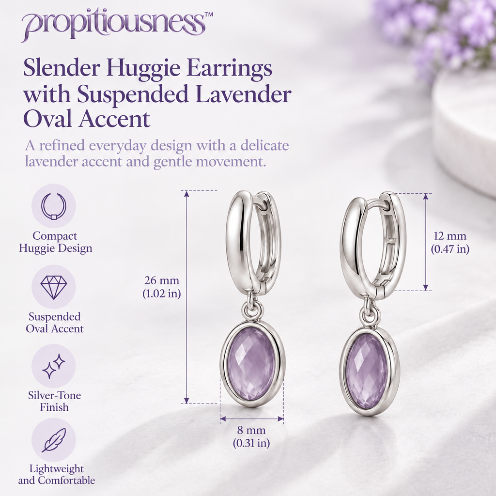 propitiousness™ Slender Huggie Earrings with Suspended Lavender Oval Accent