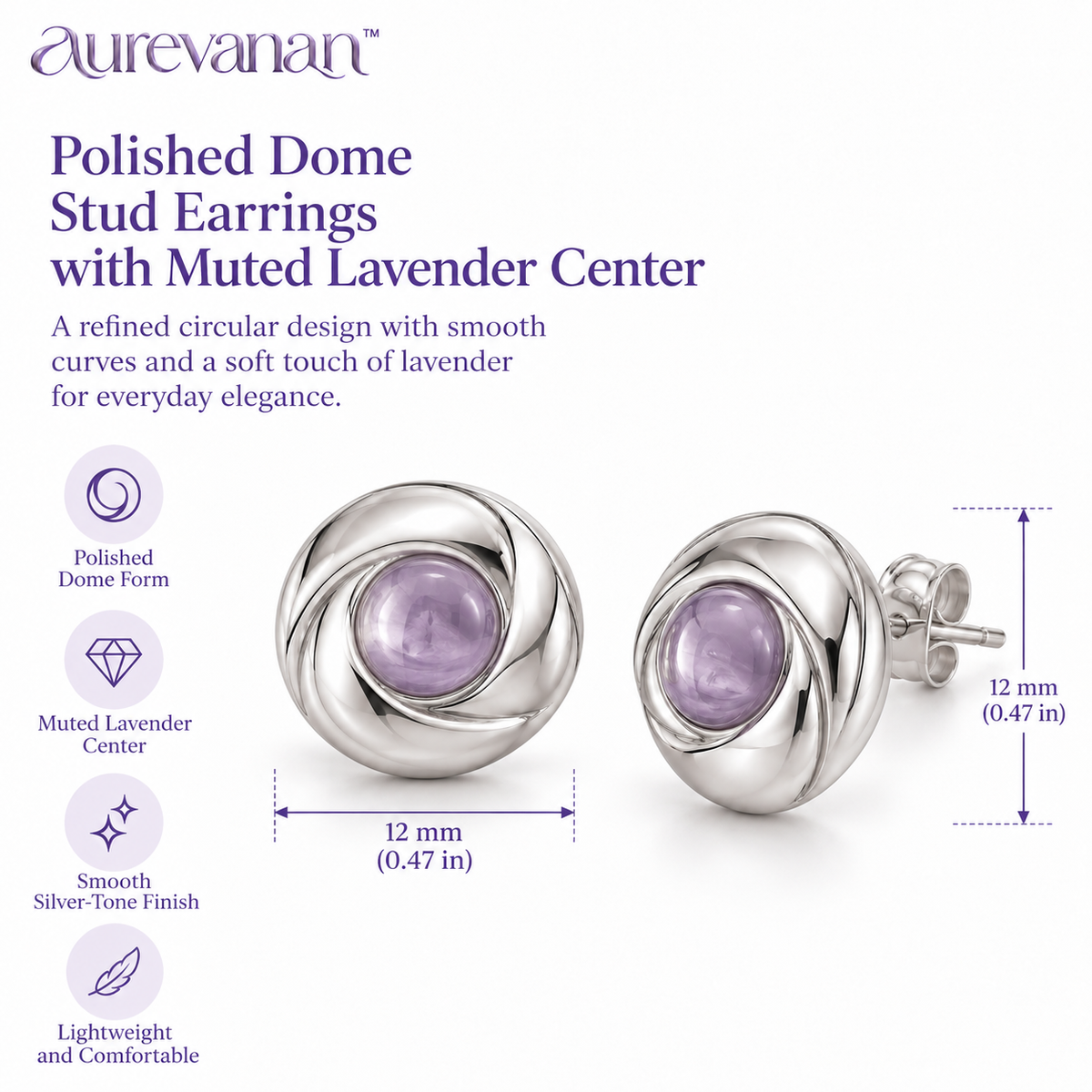 propitiousness™ Polished Dome Stud Earrings with Muted Lavender Center