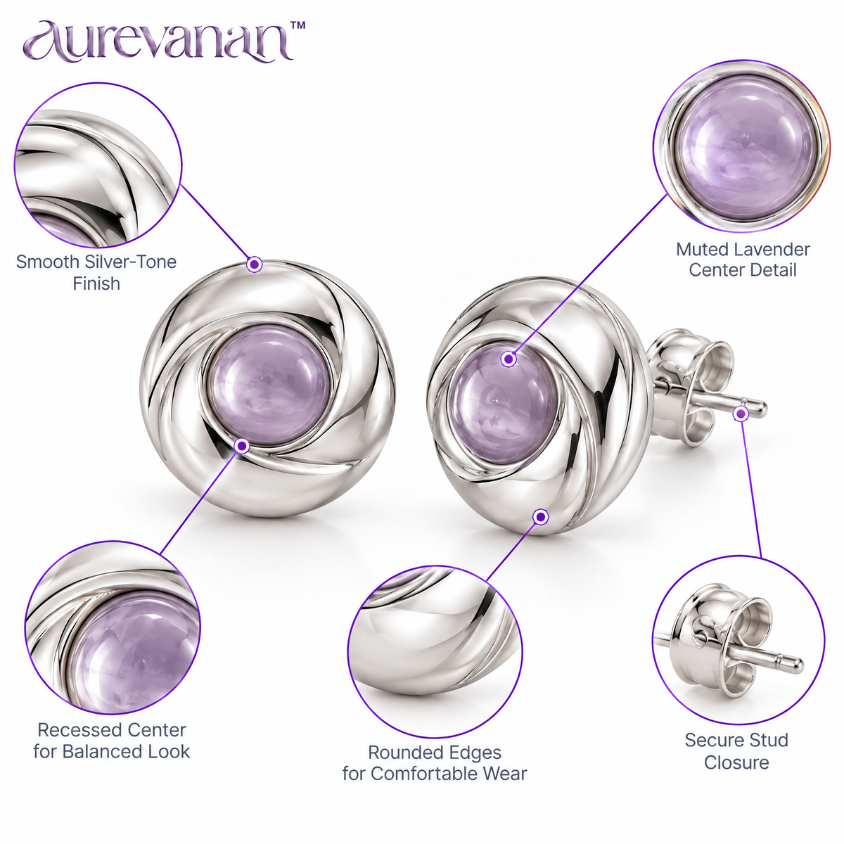 propitiousness™ Polished Dome Stud Earrings with Muted Lavender Center