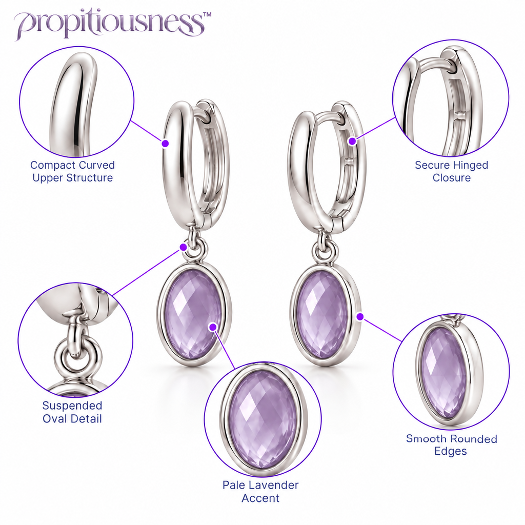 propitiousness™ Slender Huggie Earrings with Suspended Lavender Oval Accent