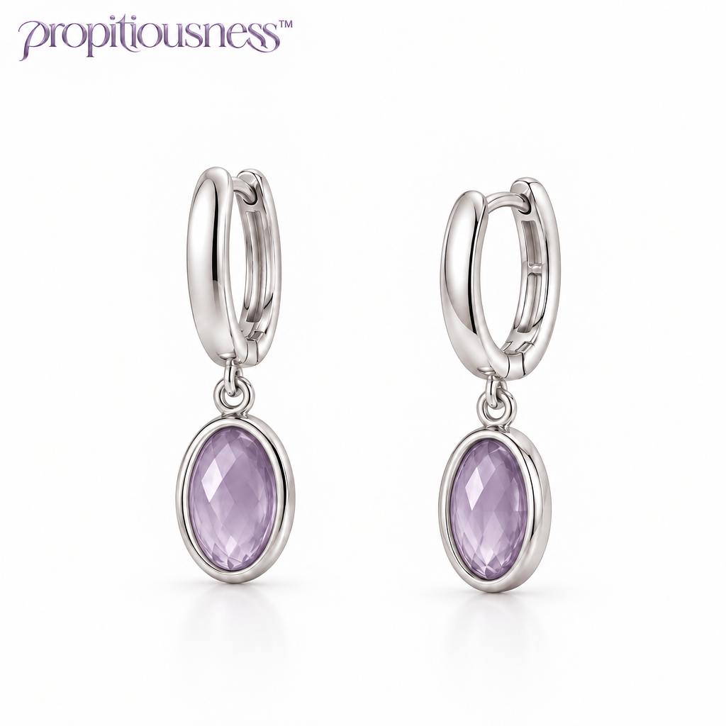 propitiousness™ Slender Huggie Earrings with Suspended Lavender Oval Accent