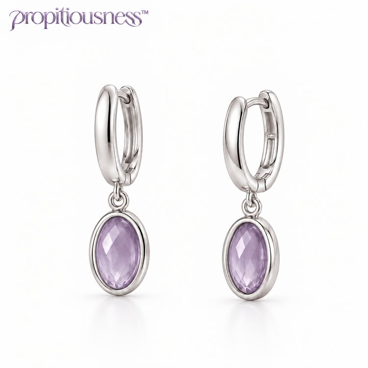 propitiousness™ Slender Huggie Earrings with Suspended Lavender Oval Accent